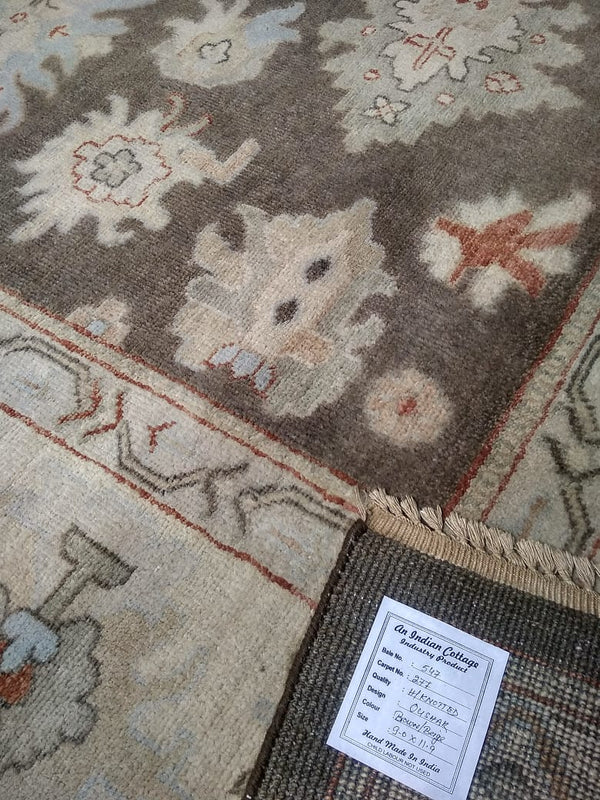 Kelly 9x11.9 Brown and Beige Hand-Knotted Oushak Rug