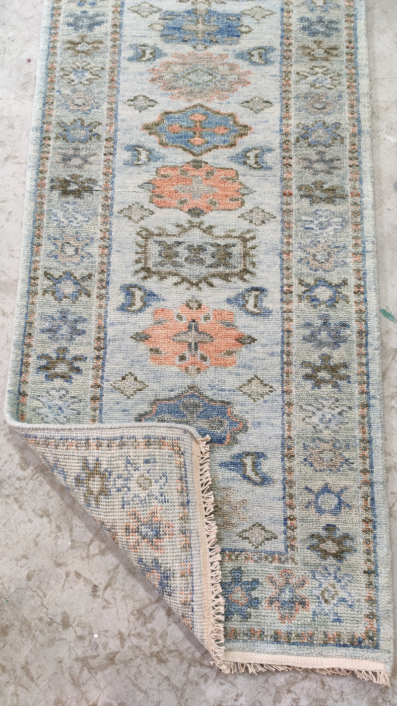 Macy 2.3x14 Hand-Knotted Grey and Light Blue Oushak Runner Rug