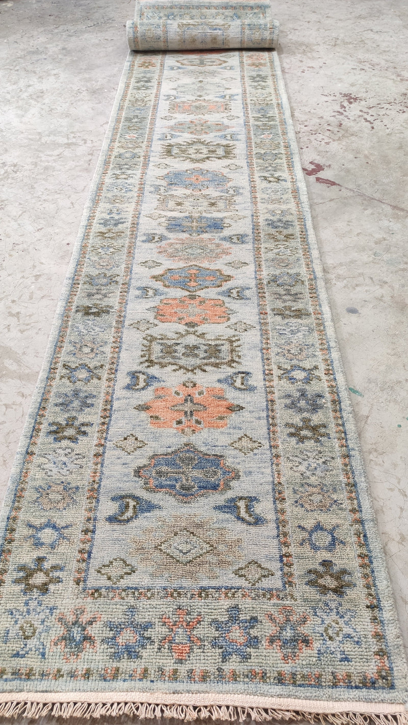 Macy 2.3x14 Hand-Knotted Grey and Light Blue Oushak Runner Rug