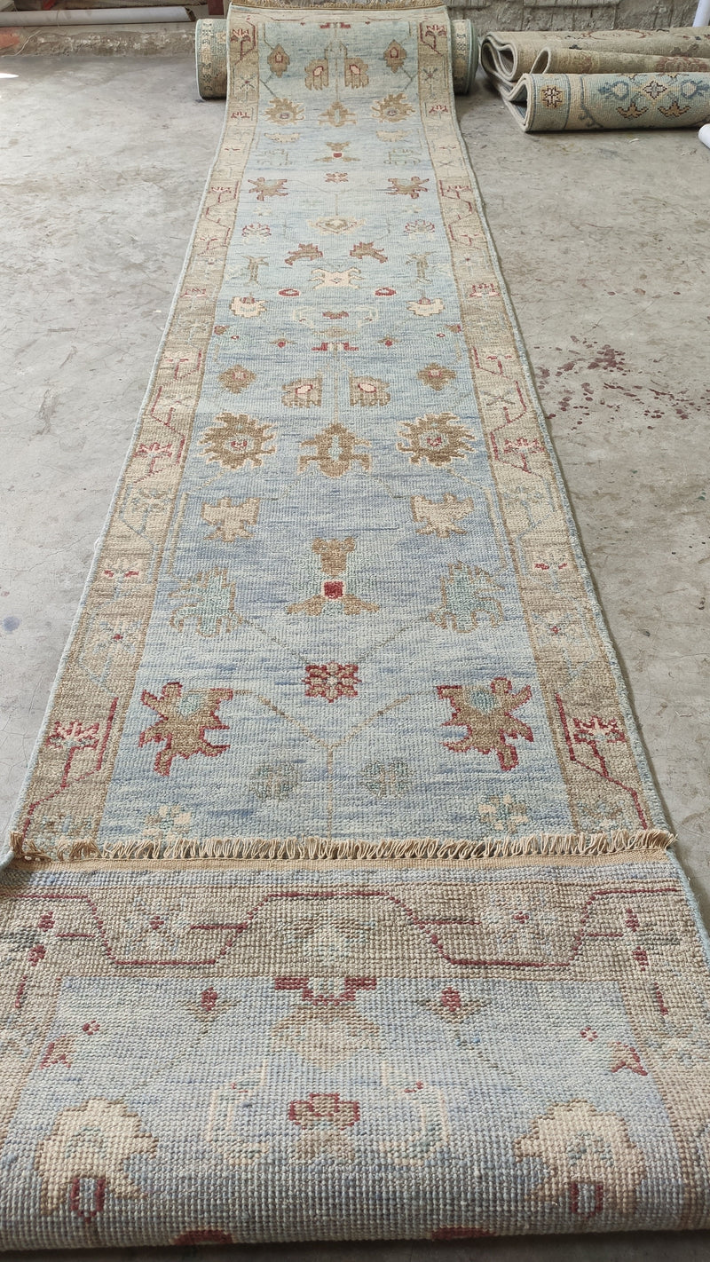 Irie 2.6x14 Light Blue and Beige Hand-Knotted Oushak Runner Rug