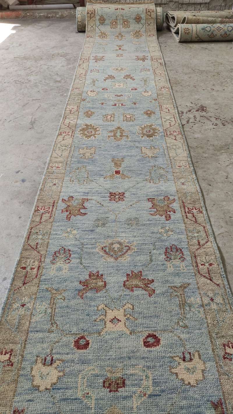 Irie 2.6x14 Light Blue and Beige Hand-Knotted Oushak Runner Rug