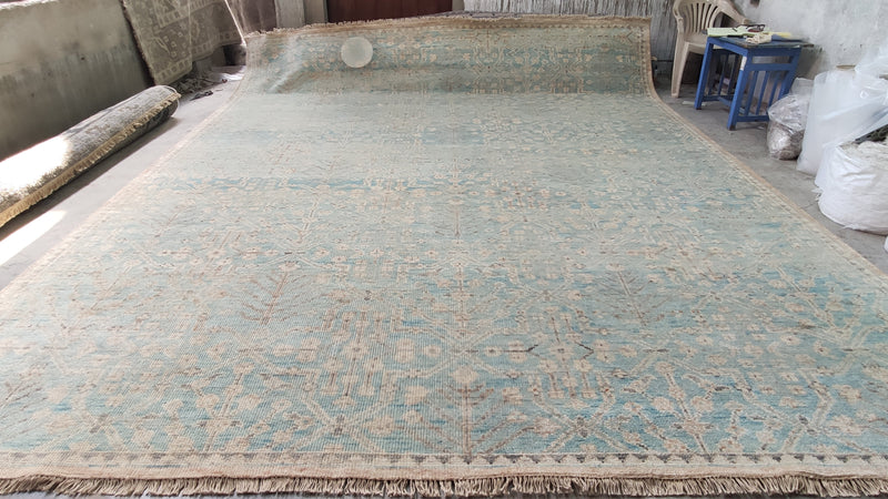 Arwen 11.9x14.9 Light Blue and Beige Hand-Knotted Oushak Rug | Banana Manor Rug Company