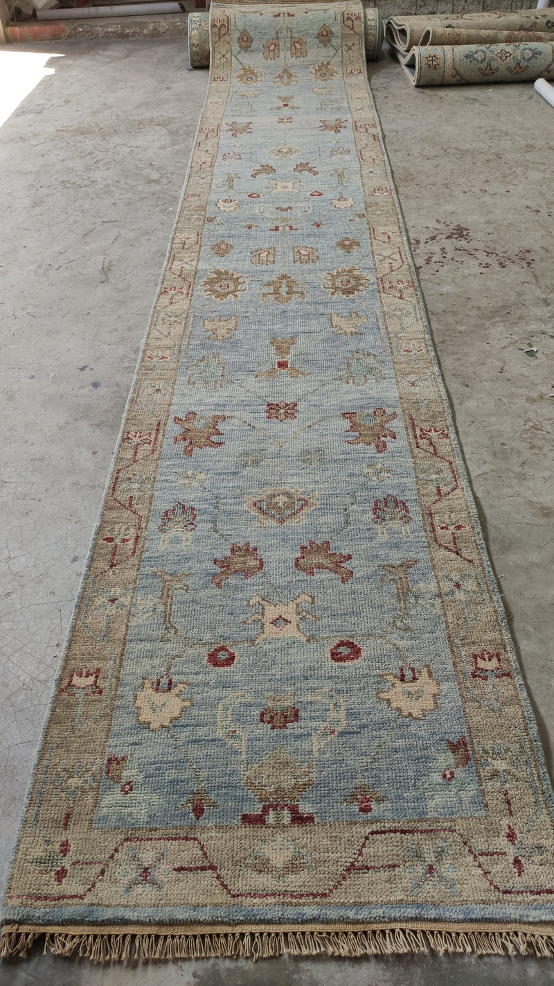 Irie 2.6x14 Light Blue and Beige Hand-Knotted Oushak Runner Rug