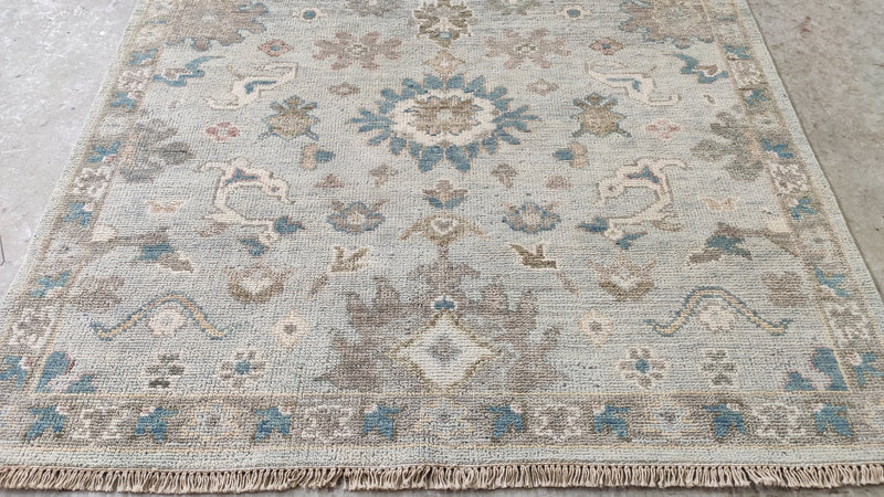 Genevieve 6x8.9  Light Grey and Brown Hand-Knotted Oushak Rug