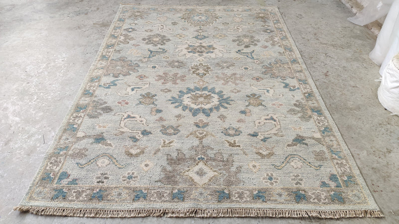 Genevieve 6x8.9  Light Grey and Brown Hand-Knotted Oushak Rug