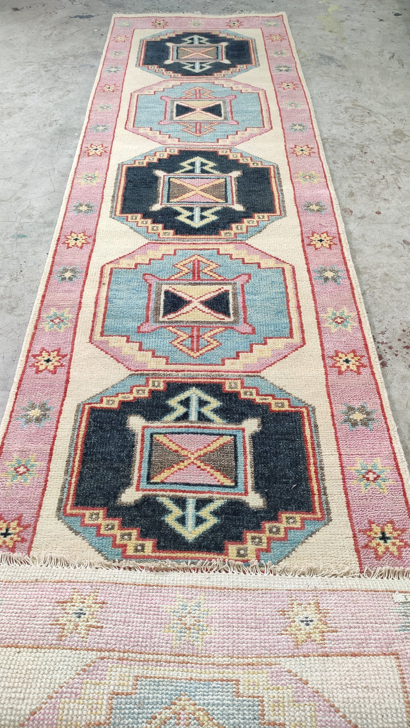 Marta 2.6x9 Ivory and Pink Hand-Knotted Oushak Runner Rug