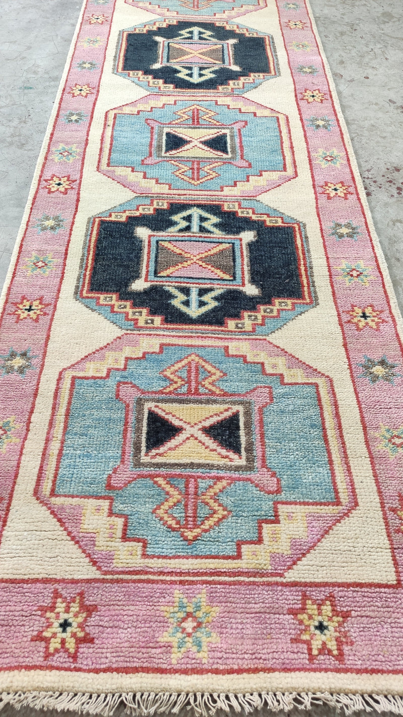 Marta 2.6x9 Ivory and Pink Hand-Knotted Oushak Runner Rug