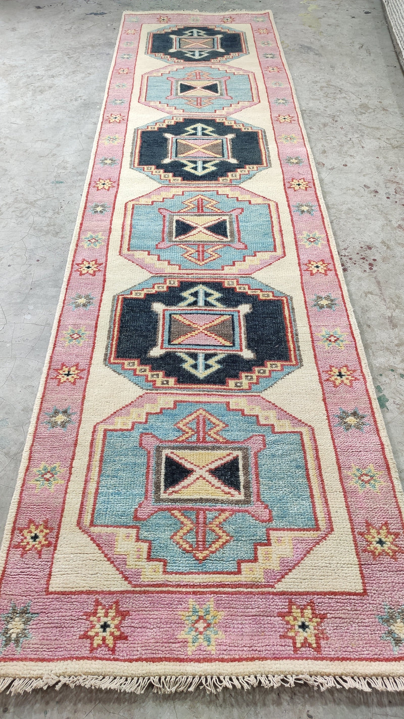 Marta 2.6x9 Ivory and Pink Hand-Knotted Oushak Runner Rug