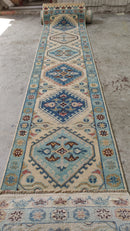 Mia 2.6x13.9 Ivory and Light Blue Hand-Knotted Oushak Runner Rug