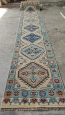Mia 2.6x13.9 Ivory and Light Blue Hand-Knotted Oushak Runner Rug