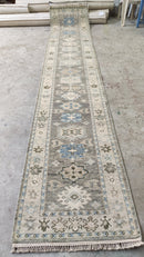 Della 2.6x13.9  Grey and Beige Hand-Knotted Oushak Runner Rug