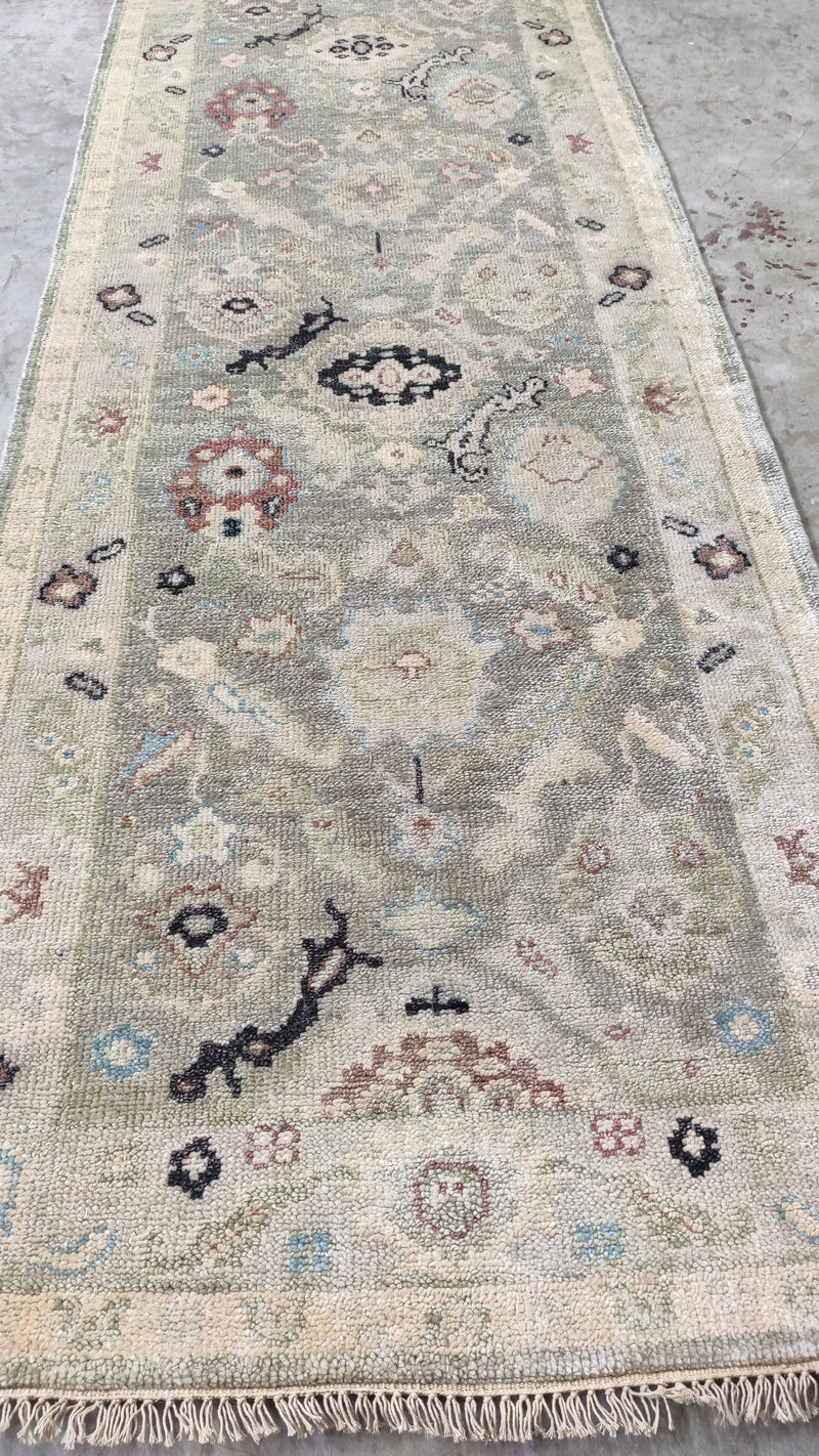 Eclipsa 3x10 Light Green and Tan Hand-Knotted Oushak Runner Rug