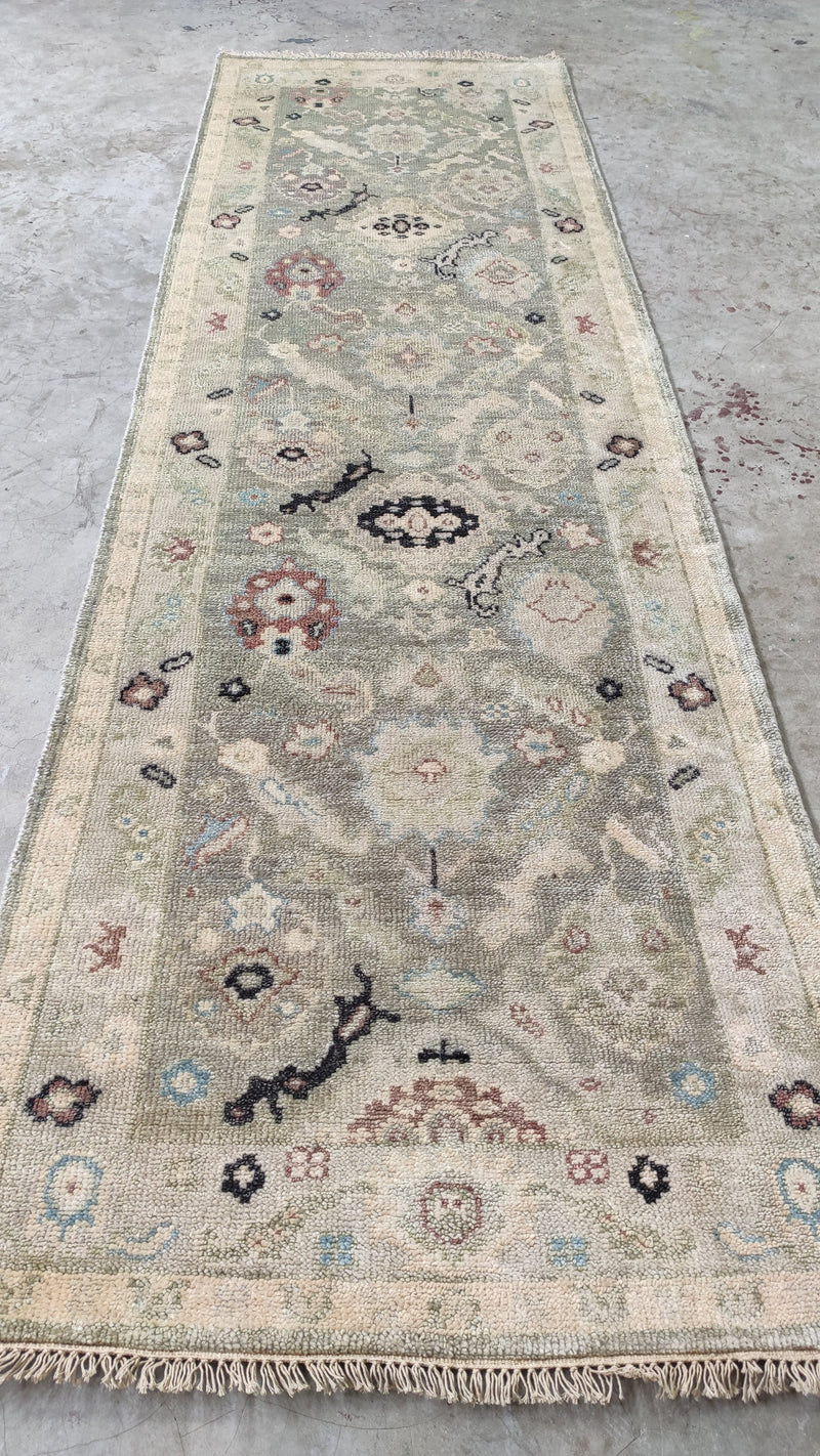 Eclipsa 3x10 Light Green and Tan Hand-Knotted Oushak Runner Rug