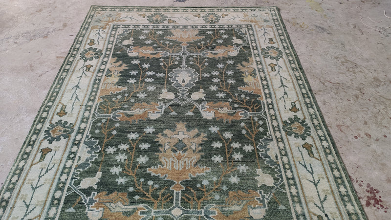 Magnolia 5x8.3 Green and Ivory Hand-Knotted Oushak Rug