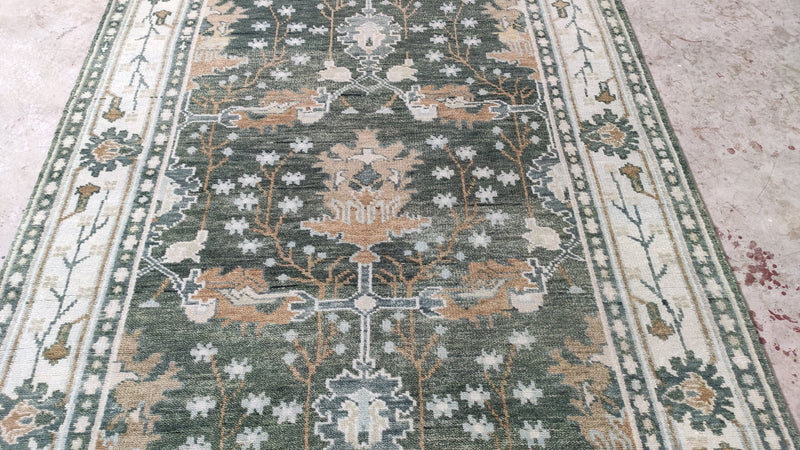 Magnolia 5x8.3 Green and Ivory Hand-Knotted Oushak Rug