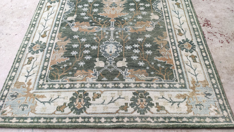 Magnolia 5x8.3 Green and Ivory Hand-Knotted Oushak Rug