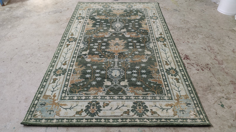 Magnolia 5x8.3 Green and Ivory Hand-Knotted Oushak Rug