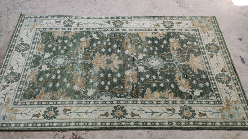 Magnolia 5x8.3 Green and Ivory Hand-Knotted Oushak Rug