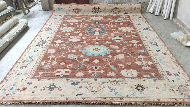 Noelle 9x12 Rust and Tan Turkish Knot Oushak Rug | Banana Manor Rug Company