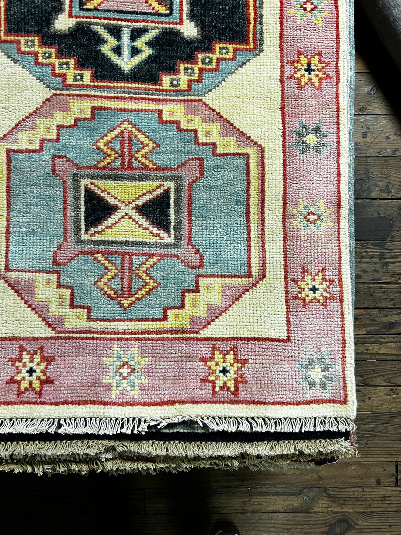 Marta 2.6x9 Ivory and Pink Hand-Knotted Oushak Runner Rug