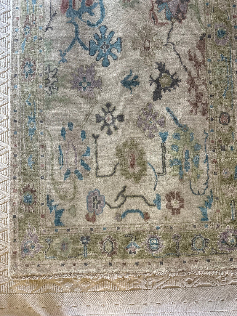 Mary Makhatho 4x6 Hand-Knotted Oushak Rug Ivory and Green