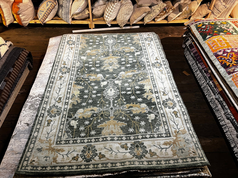 Magnolia 5x8.3 Green and Ivory Hand-Knotted Oushak Rug