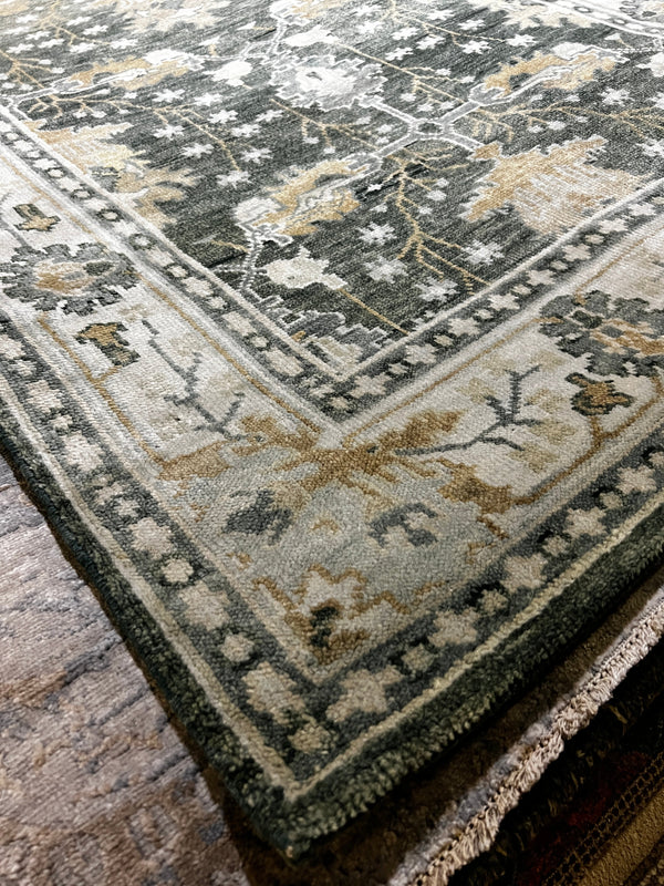 Magnolia 5x8.3 Green and Ivory Hand-Knotted Oushak Rug