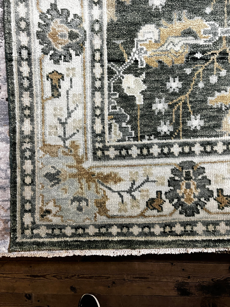 Magnolia 5x8.3 Green and Ivory Hand-Knotted Oushak Rug