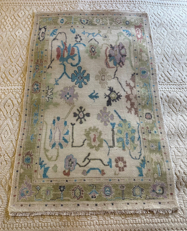 Mary Makhatho 4x6 Hand-Knotted Oushak Rug Ivory and Green