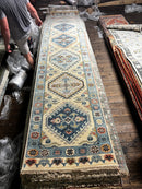 Mia 2.6x13.9 Ivory and Light Blue Hand-Knotted Oushak Runner Rug