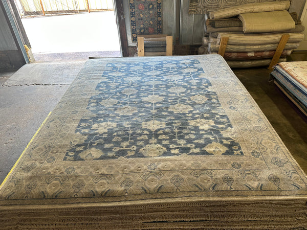 Barbara Payton 9x12 Blue and Beige Hand-Knotted Oushak Rug