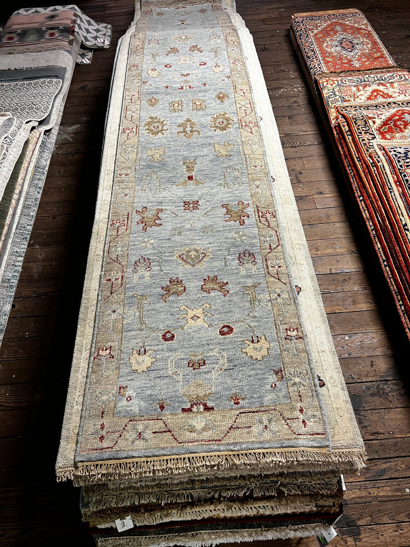 Irie 2.6x14 Light Blue and Beige Hand-Knotted Oushak Runner Rug