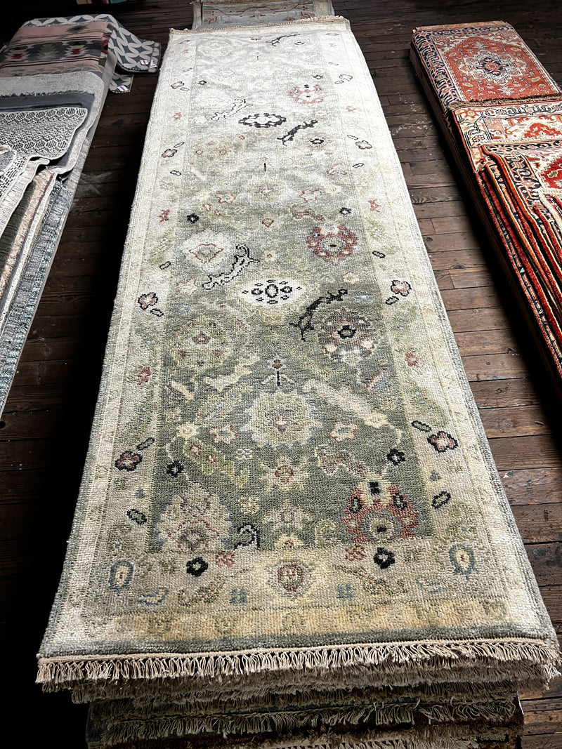 Eclipsa 3x10 Light Green and Tan Hand-Knotted Oushak Runner Rug