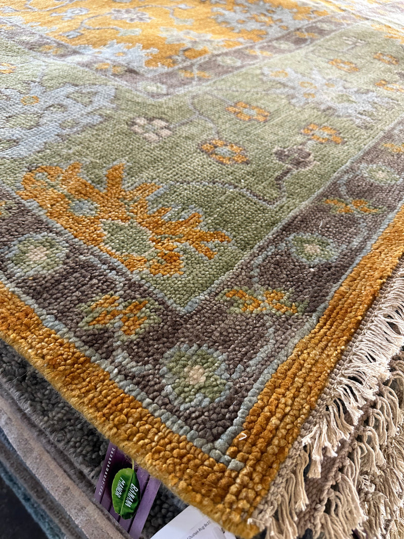 Celia Sawyer 8.3x10 Gold and Green Hand-Knotted Oushak Rug