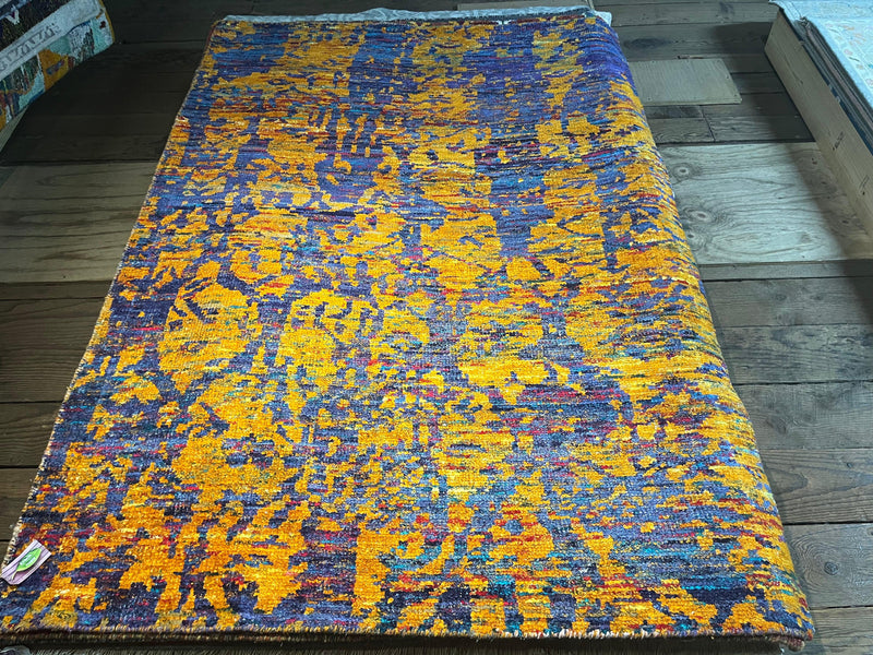 Alba 5.3x7.6 Hand-Knotted Blue and Yellow Ikat Rug | Banana Manor Rug Company