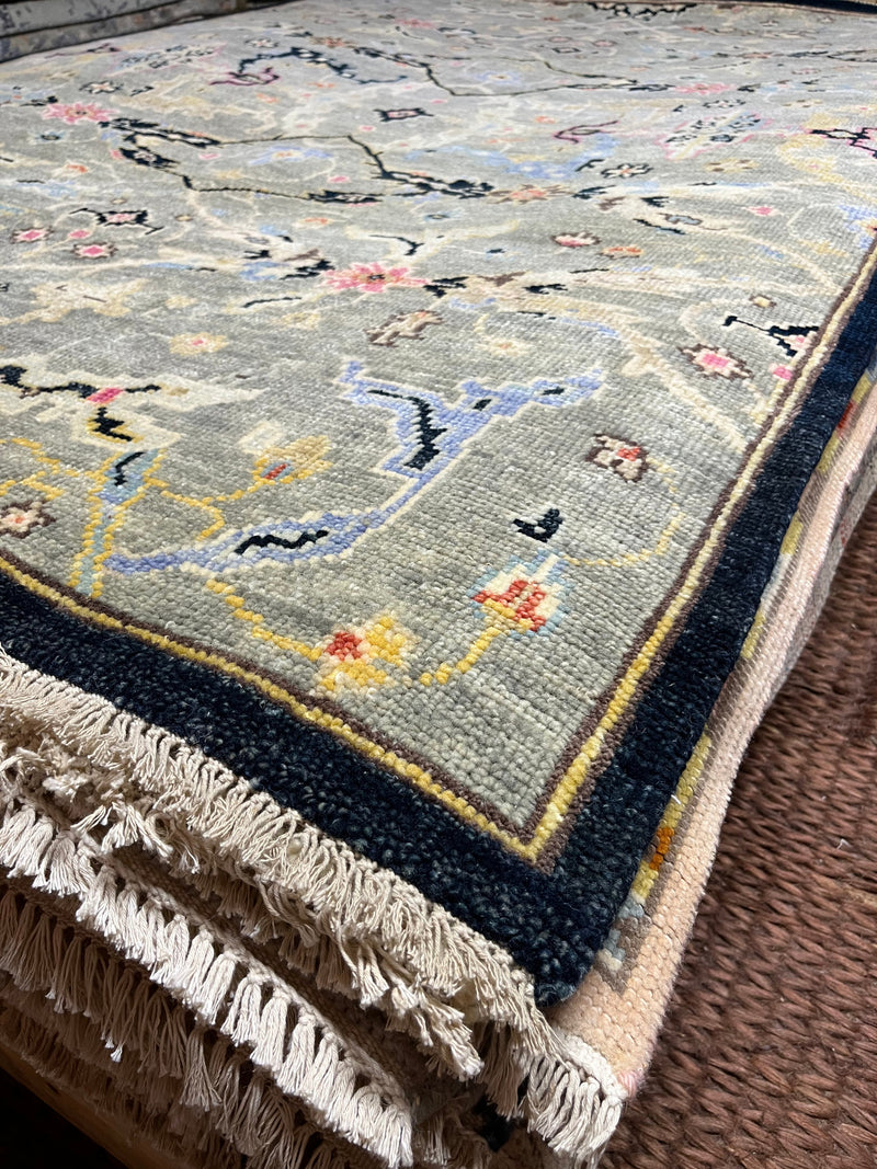 Jay 5x7 Light Grey and Blue Hand-Knotted Oushak Rug | Banana Manor Rug Company