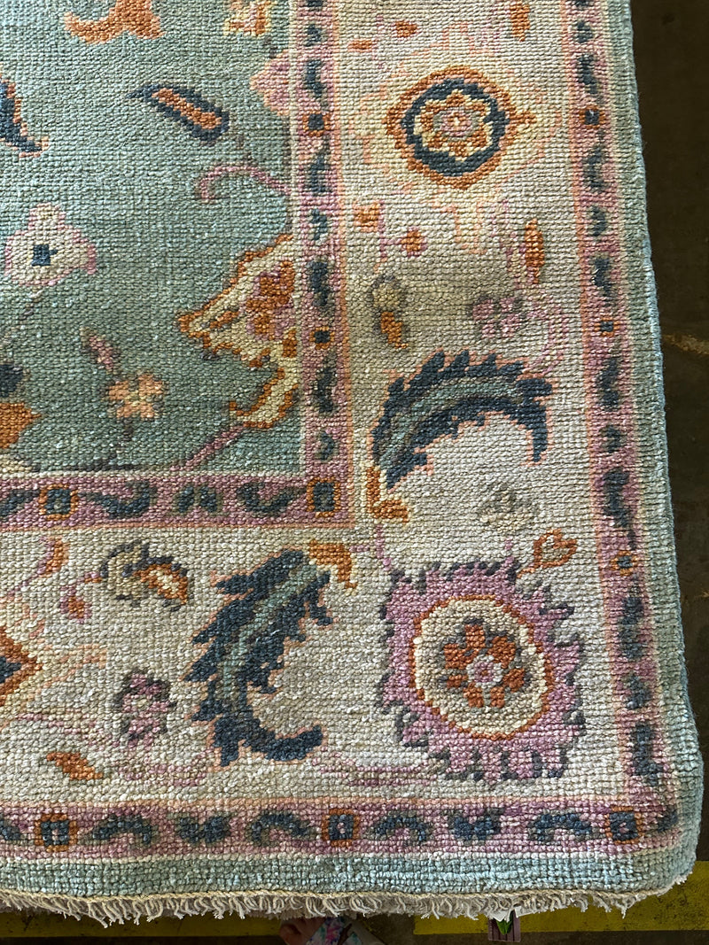 Angeline 9x12 Green and Ivory Turkish Knot Oushak Rug