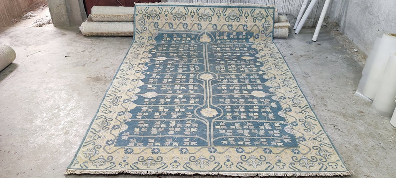 Alecia Johnson Blue and Ivory Hand-Knotted Oushak Rug 6x9 | Banana Manor Rug Company