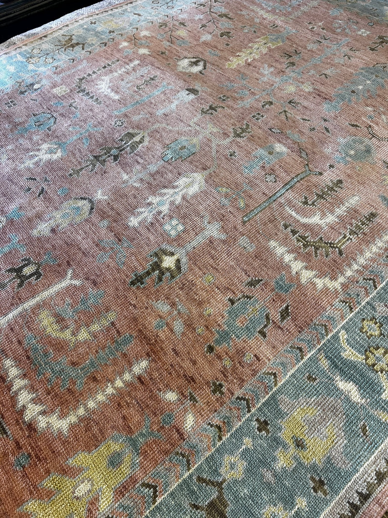 Alessandra Branca 9x12 Light Pink and Green Hand-Knotted Oushak Rug | Banana Manor Rug Factory Outlet