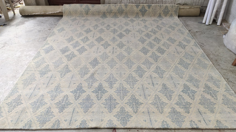 Allison 8x9.9 Tan and Blue Hand-Knotted Oushak Rug | Banana Manor Rug Company