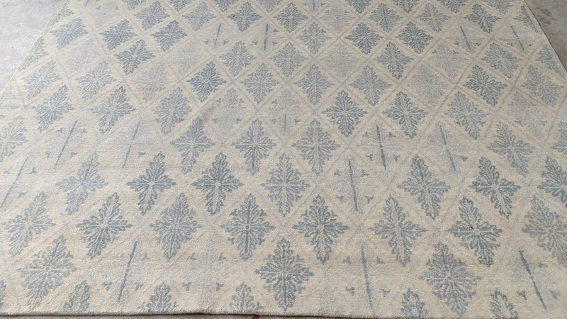 Allison 8x9.9 Tan and Blue Hand-Knotted Oushak Rug | Banana Manor Rug Company