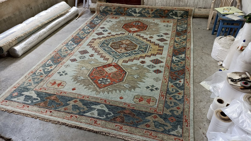 Alora 9.6x14 Grey and Aqua Hand-Knotted | Banana Manor Rug Company