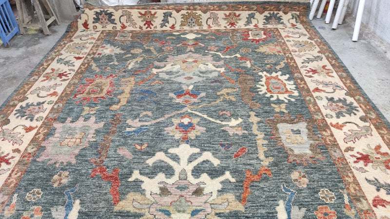 Alyssa 10x13.9 Hand-Knotted Blue and Cream Oushak Rug | Banana Manor Rug Company