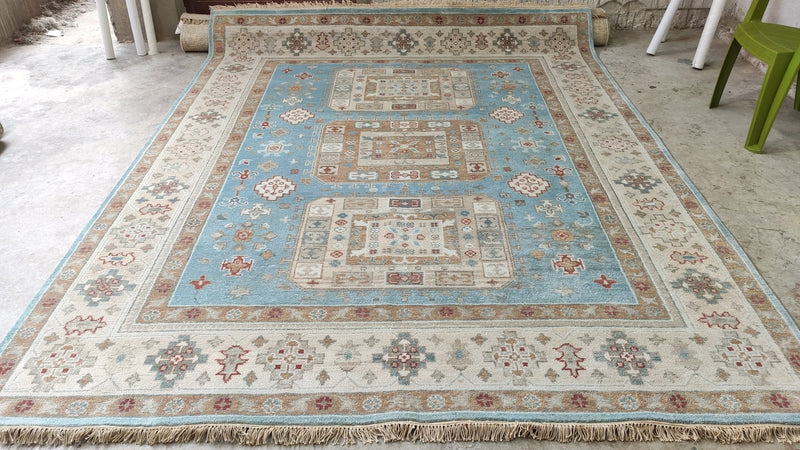 Ambra 8x10 Blue and Beige Hand-Knotted Oushak Rug | Banana Manor Rug Company