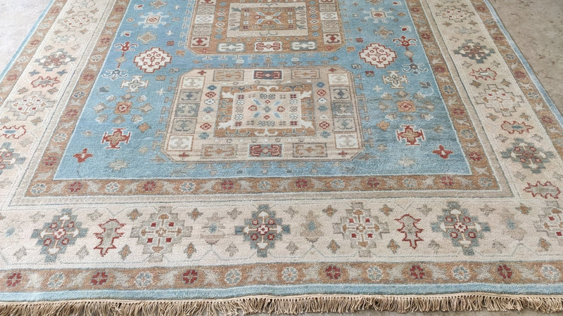 Ambra 8x10 Blue and Beige Hand-Knotted Oushak Rug | Banana Manor Rug Company