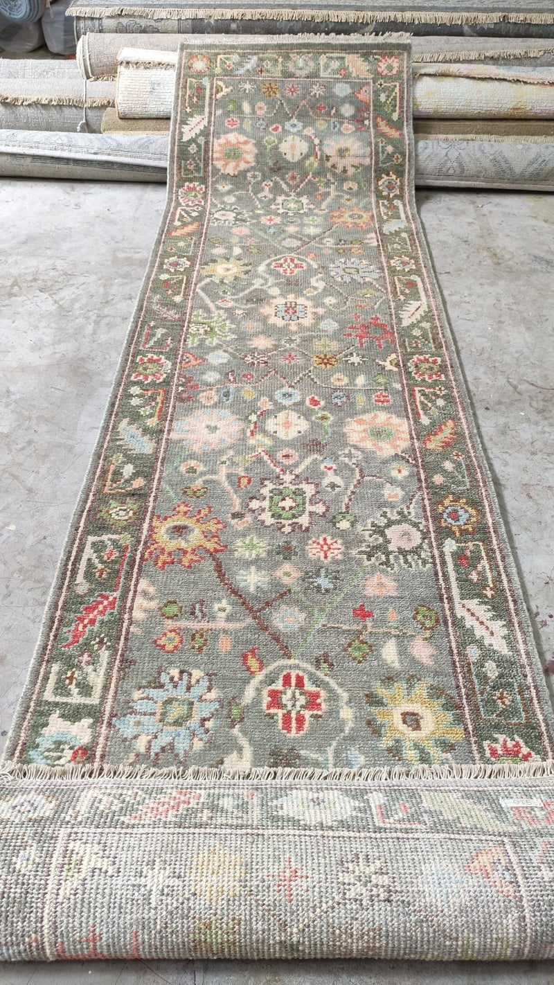 America Olivo 2.6x12 Light Green Hand-Knotted Oushak Runner | Banana Manor Rug Company