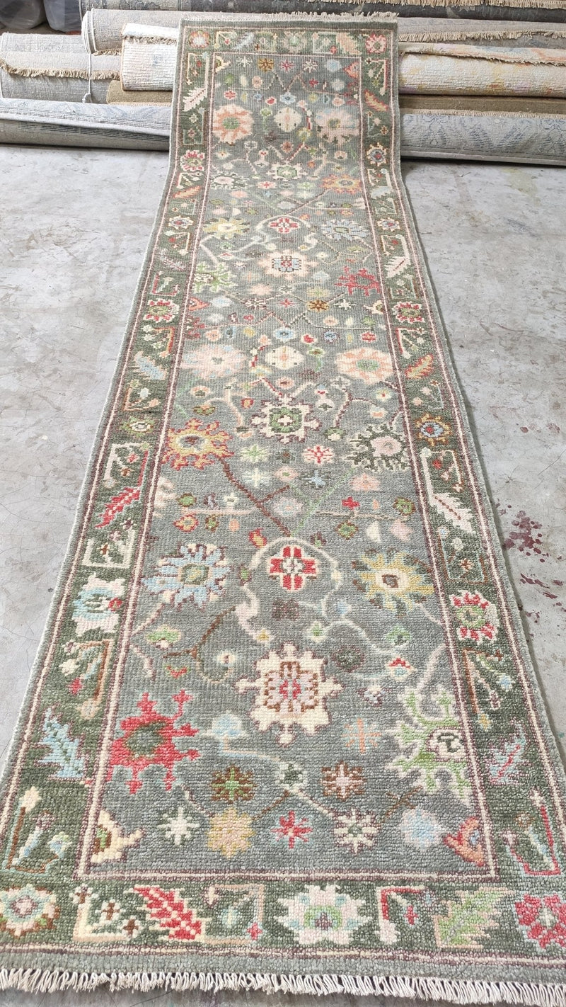 America Olivo 2.6x12 Light Green Hand-Knotted Oushak Runner | Banana Manor Rug Company