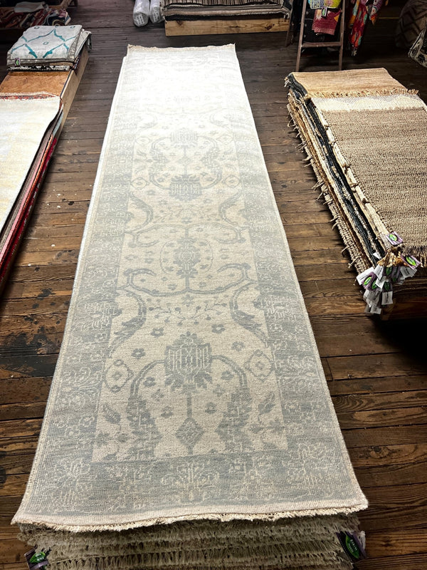 Angela Bloomfield Hand-Knotted Ivory and Grey Oushak Runner 3x12 | Banana Manor Rug Company