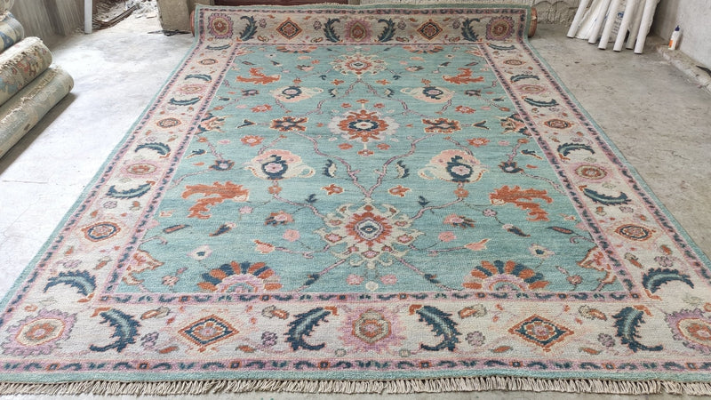 Angeline 9x12 Green and Ivory Turkish Knot Oushak Rug | Banana Manor Rug Company