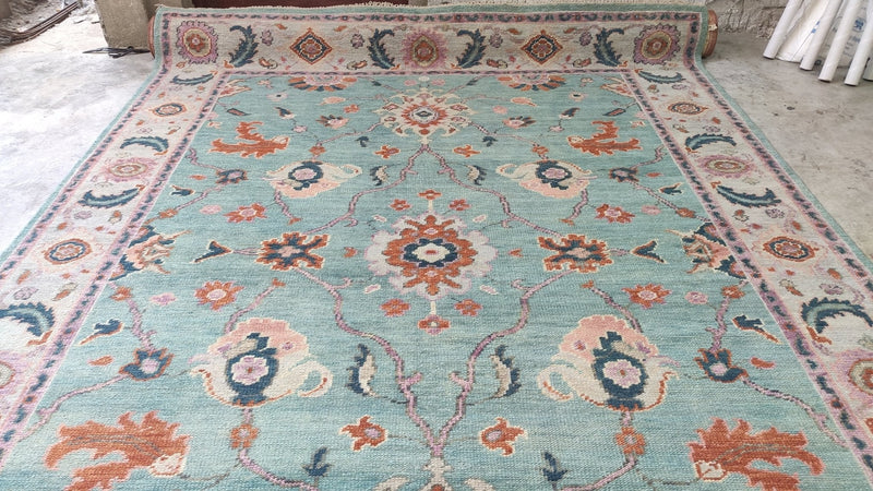 Angeline 9x12 Green and Ivory Turkish Knot Oushak Rug | Banana Manor Rug Company